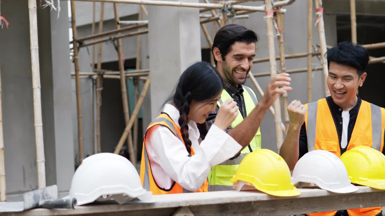tres ingenieros civiles son la coordinación de la mano entonces usar un sombrero de seguridad