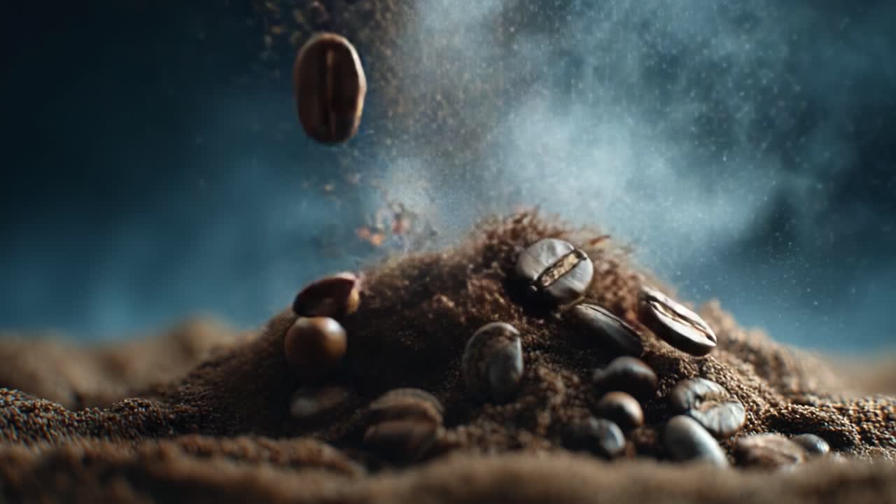 Captivating Coffee Beans Erupt from Ground as Dusty Particles Drift in Air, Creating a Visual Symphony of Aroma and Richness in Stunning Close-Up Photography