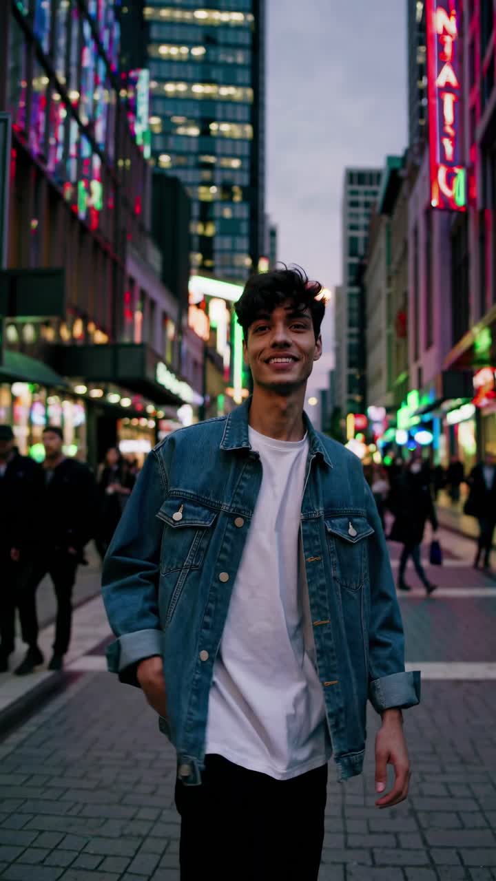 Urban street scene video with a side profile of a person in a denim jacket