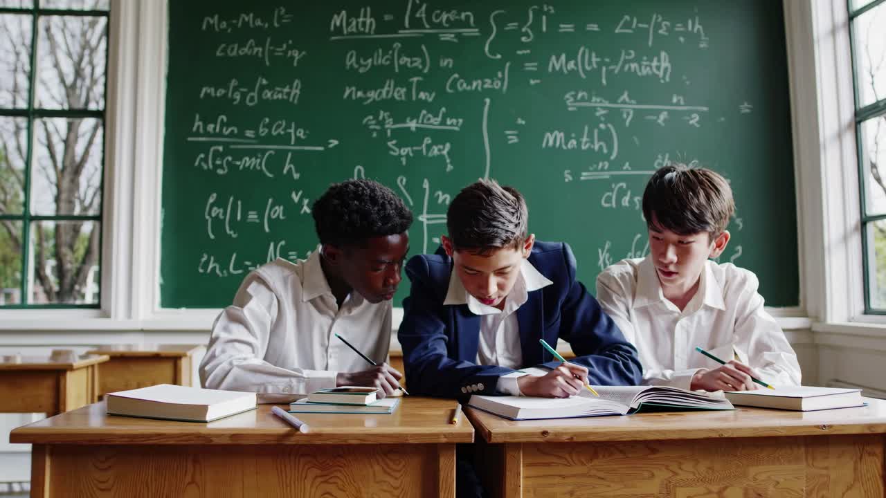 Tiga siswa berkolaborasi di meja kayu di ruang kelas, diambil dari sudut samping