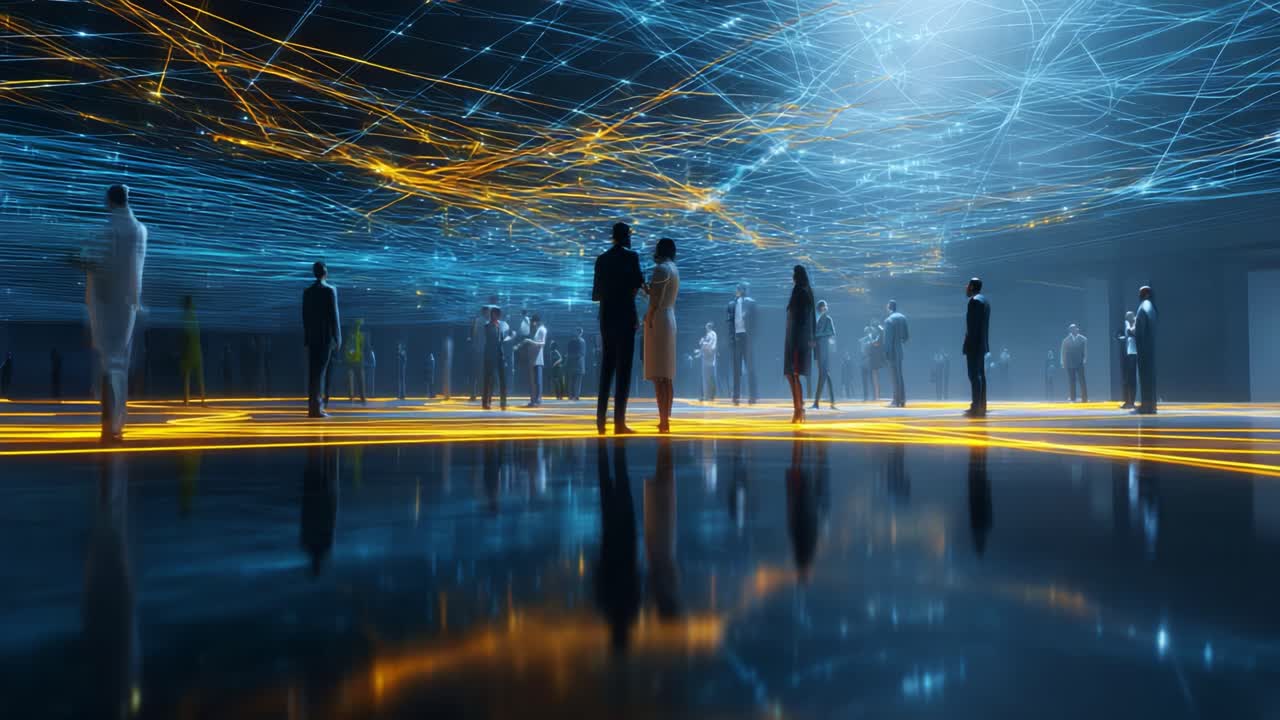 A Dynamic Gathering of Silhouetted Figures Against a Futuristic Light Display, Capturing the Essence of Connection and Energy in a Modern Digital Environment