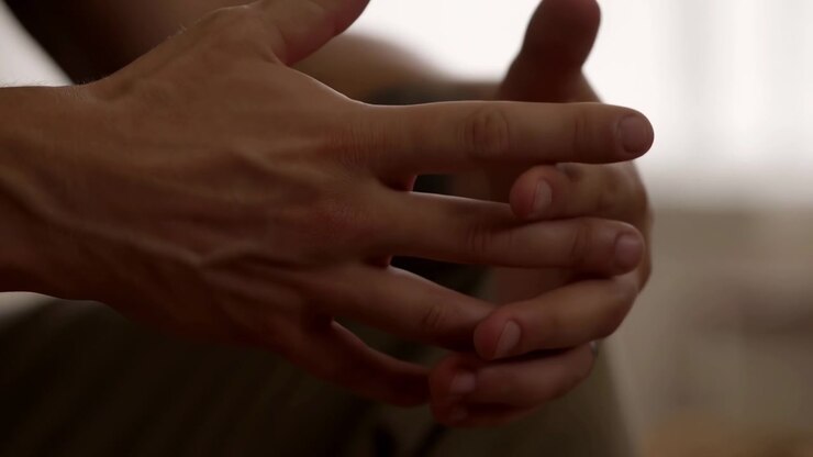 Une vue rapprochée suit des mains s'ouvrant, se fermant et tournant à plusieurs reprises lors de gestes animés, avec une bague simple visible à un doigt et une lumière intérieure chaude remplissant doucement l'arrière-plan.