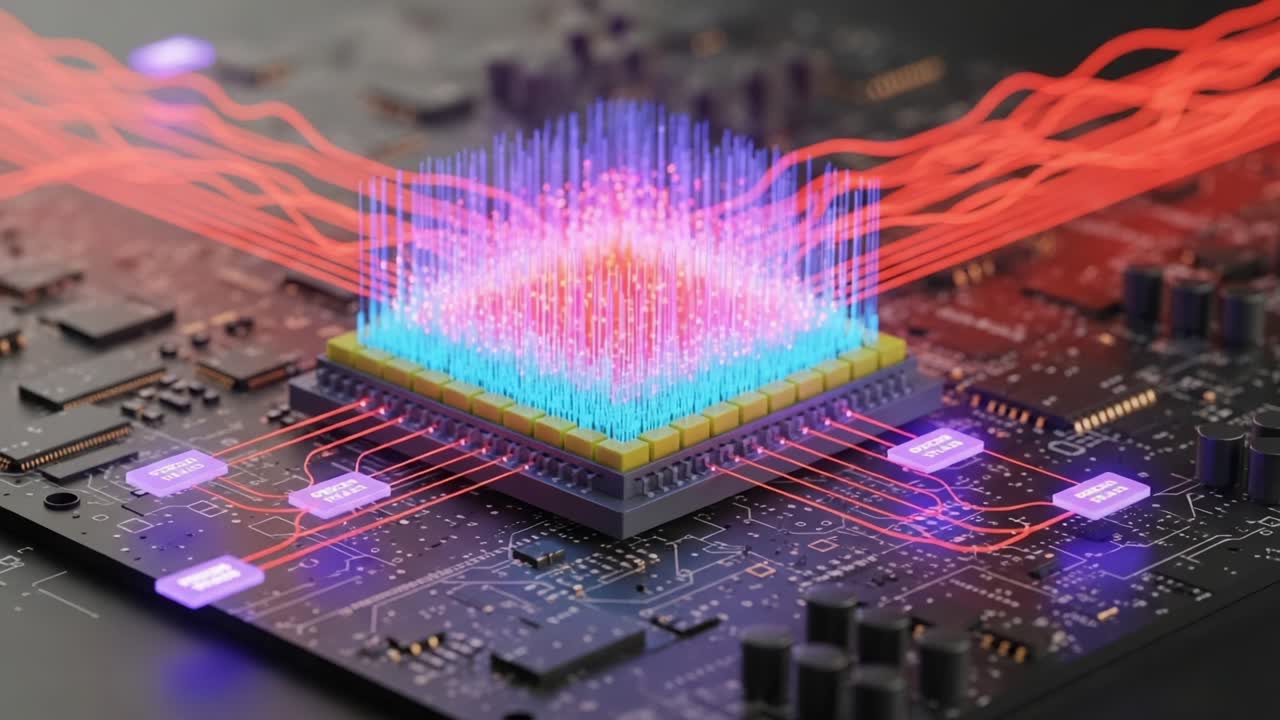 A High-Tech Circuit Board Featuring a Colorful Quantum Processor with Dynamic Energy Flow Representations in a Futuristic Computational Environment
