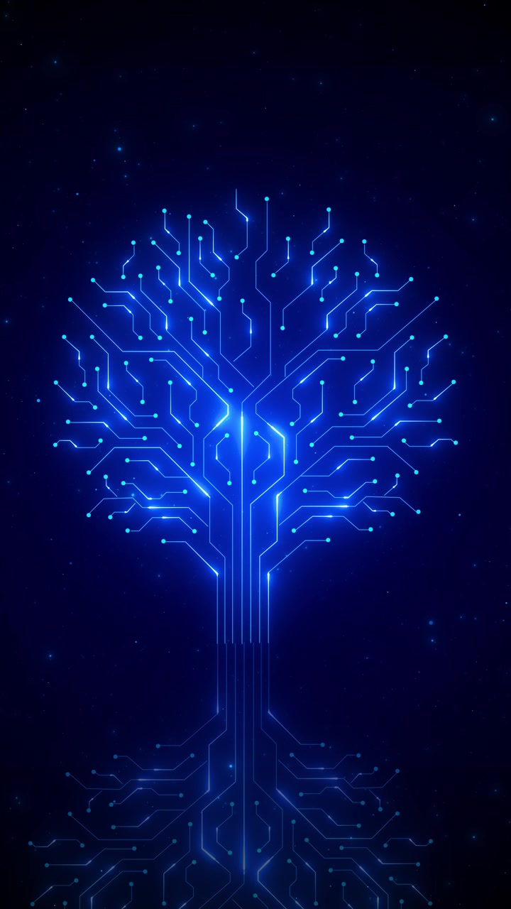 Digital circuit tree backdrop electric blue lines node points branching network pattern tech space