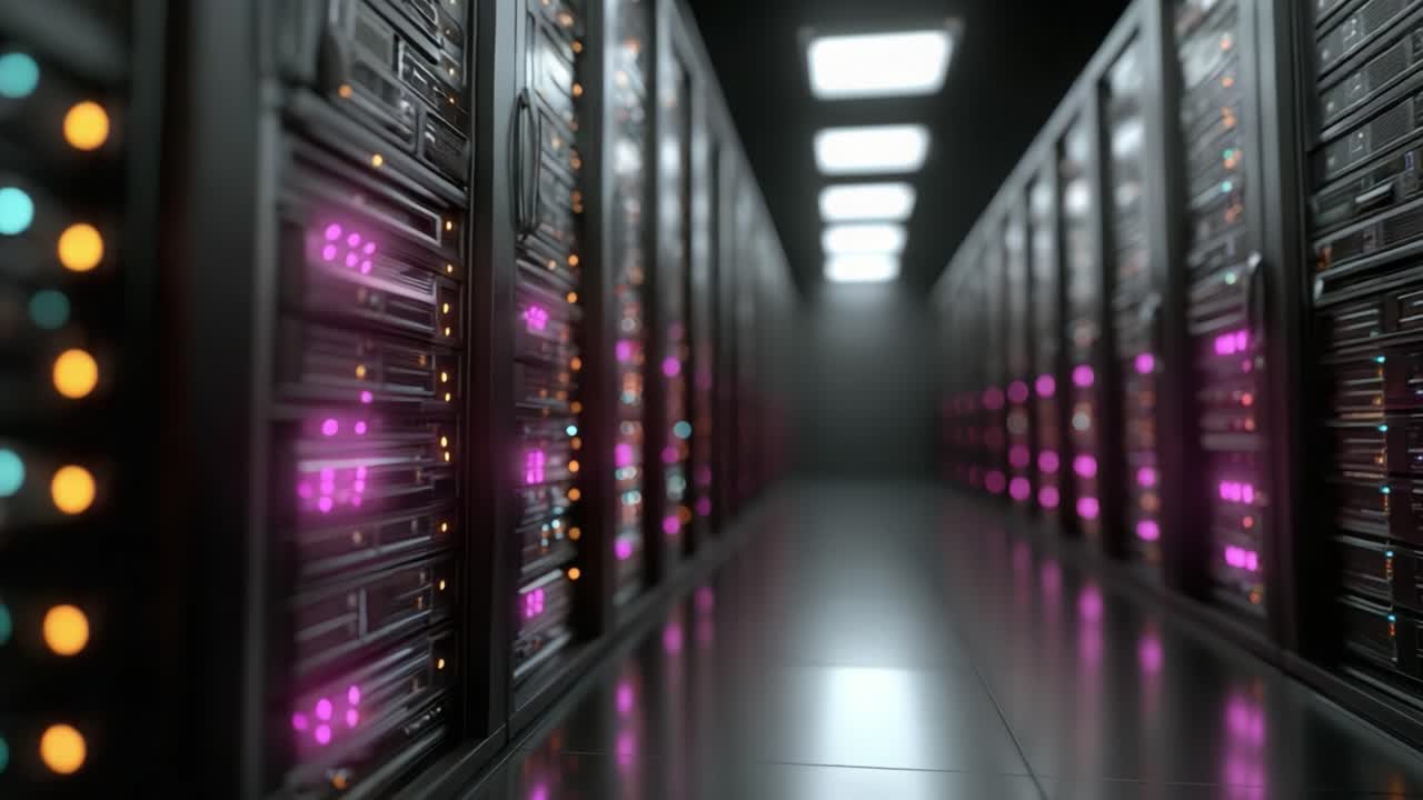 A Deep Look into a Modern Data Center: Exploring the Intricate Layout and Vibrant Light Displays of High-Performance Server Racks Processing Critical Information