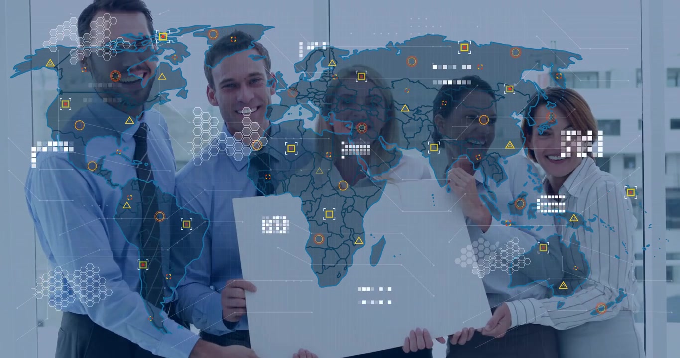 Team holding placard, world map fading in, hexagons aligning on board, visualizing business data
