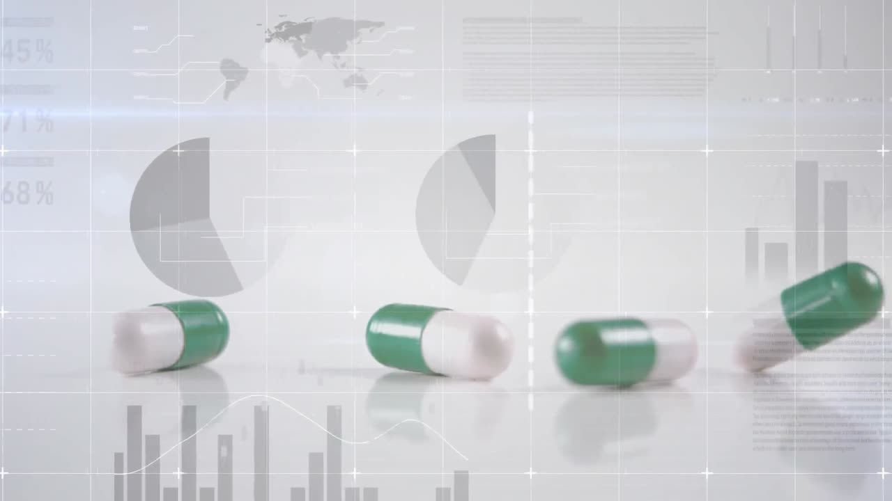 떠다니는 다이어그램의 애니메이션, 데이터 처리 및 떨어지는 알약 위의 세계 지도