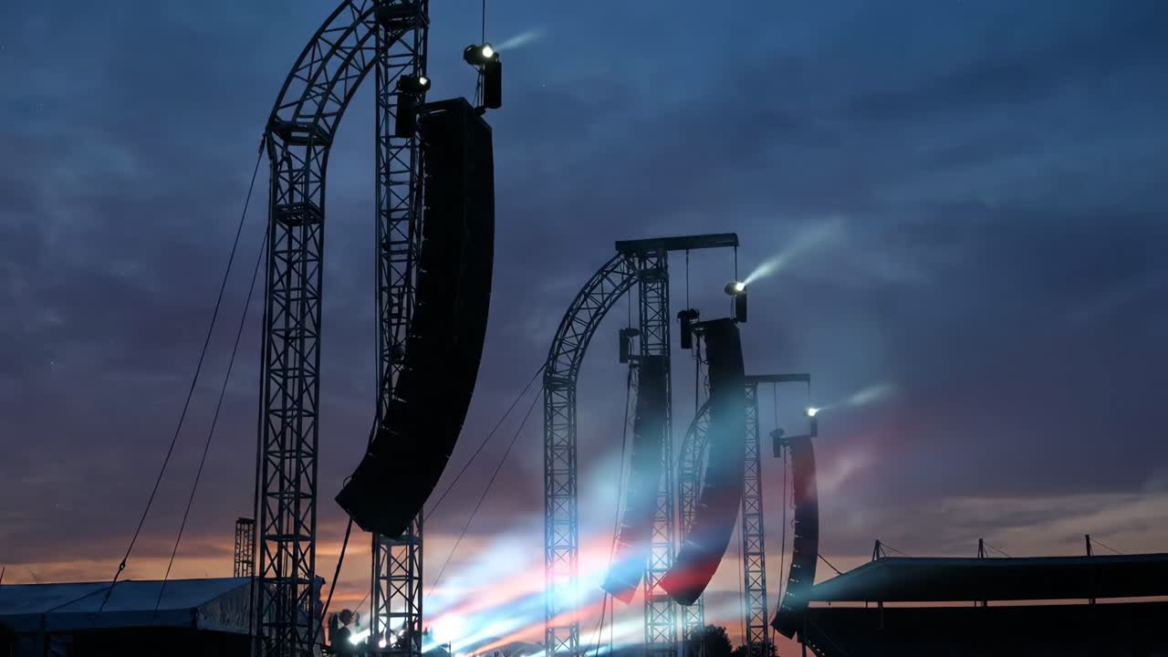 Stage Lights and Speaker Arrays Silhouetted Against a Dramatic Sunset