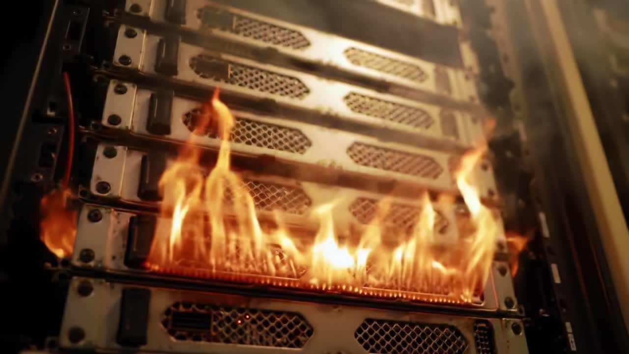 A data center experiences a dangerous fire in a server rack, leading to immediate evacuation and emergency response. Workers react swiftly to maintain safety and control the situation.