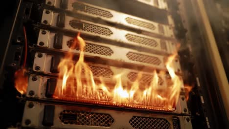 a data center experiences a dangerous fire in a server rack, leading to immediate evacuation and emergency response. workers react swiftly to maintain safety and control the situation.