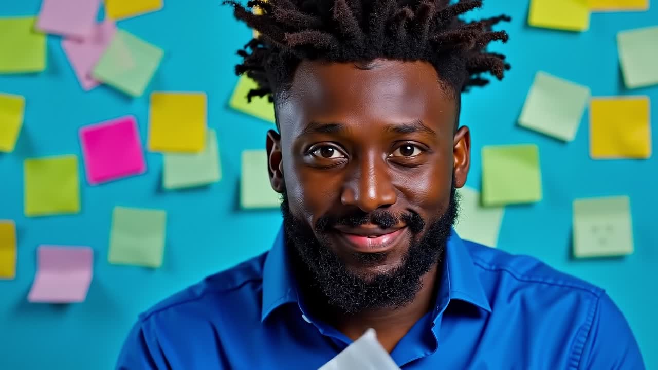 A man with dreadlocks holding a piece of paper in front of a wall of sticky notes
