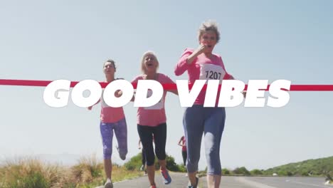 animation of text good vibes, in white, over female runners finishing race