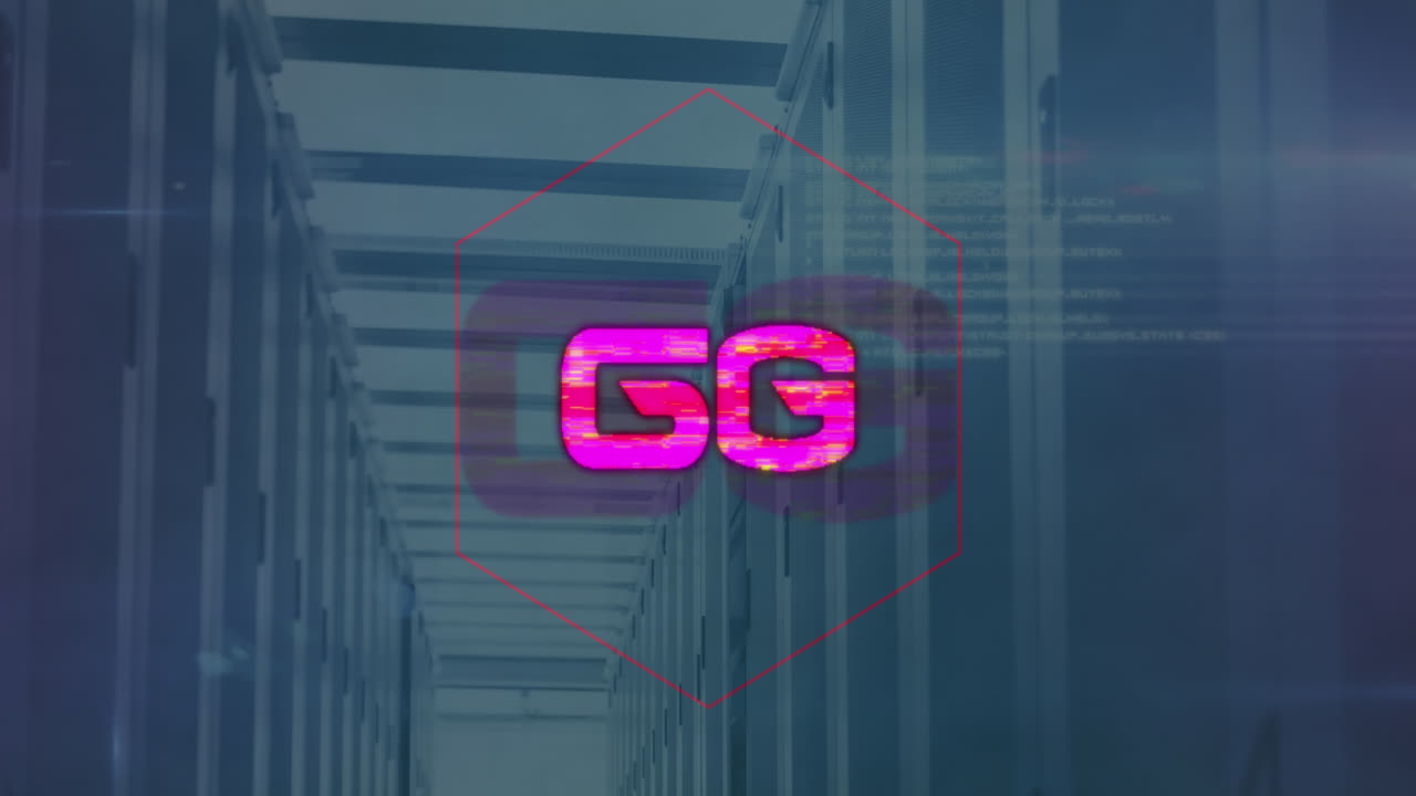 animación de texto de 6g sobre la sala del servidor