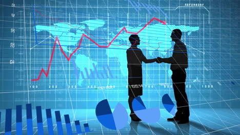 business people shaking hands over financial data and world map animation