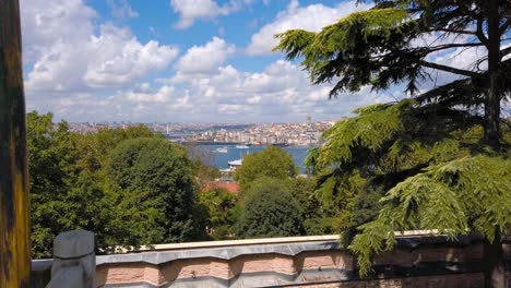 Scenic-view-from-Topkapi-Palace-with-Golden-Horn-and-Bosphorus-visible-in-Fatih,-Istanbul,-Turkey-at-daytime