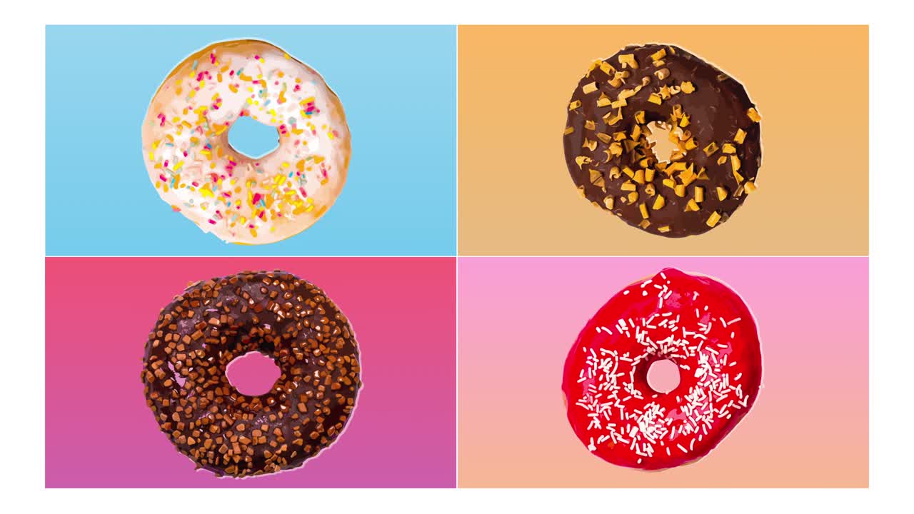 conjunto de 4 rosquillas comida dulce, estilo pop art de dibujos animados de rosquillas. ilustración de colores cartelizada patrón de medio tono. diseño retro vintage. bucle sin costuras. animación abstracta de colores