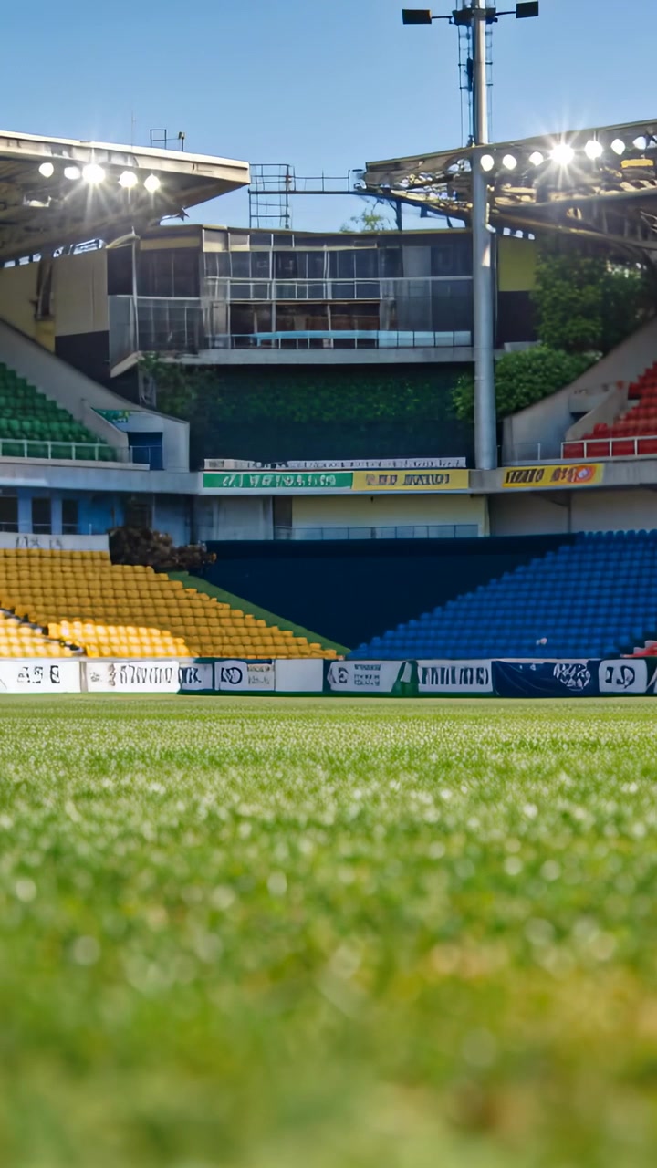 Video verticale: La messa a fuoco si sposta dal campo, la telecamera rivela sedili colorati per una vista dello stadio.