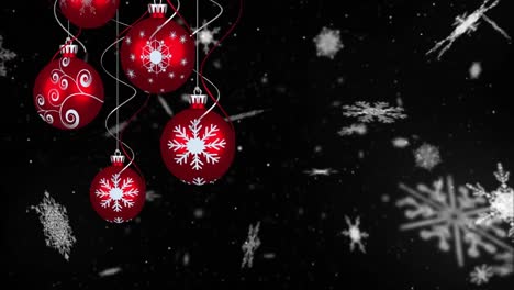 Animation-of-christmas-bubbles-over-snow-on-black-background