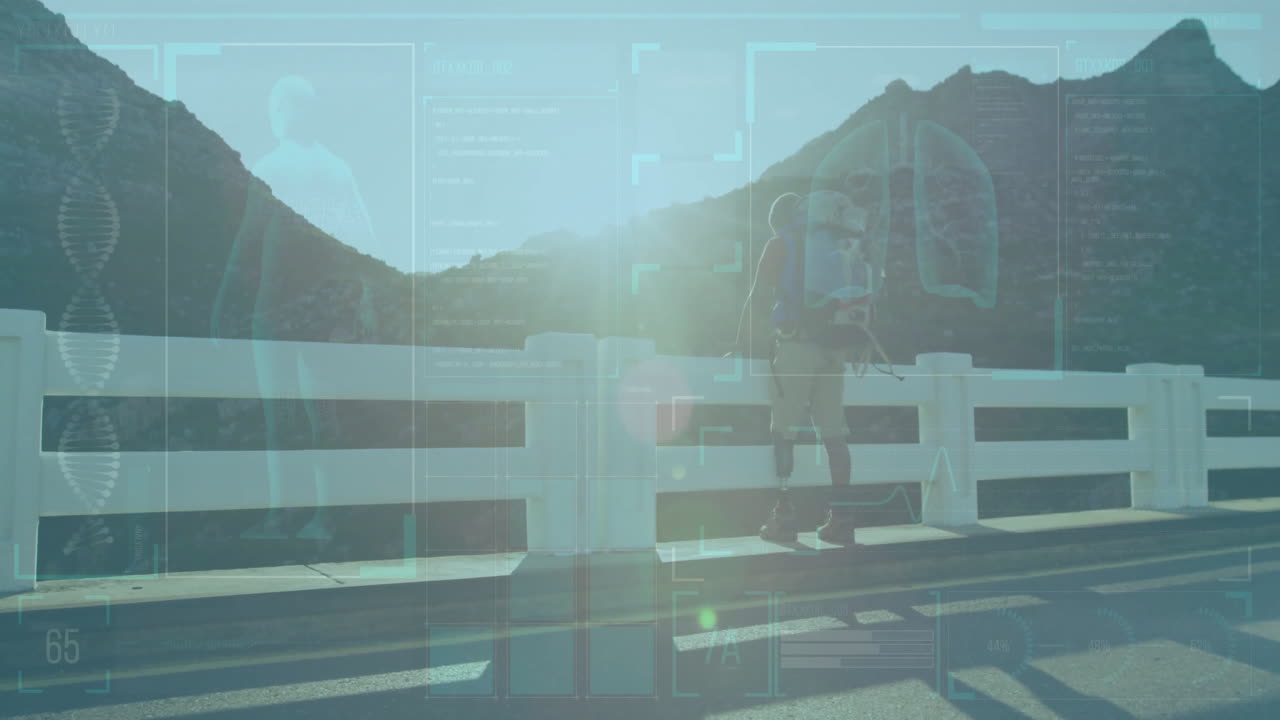 Walking on bridge, person with digital health data overlay and mountain backdrop