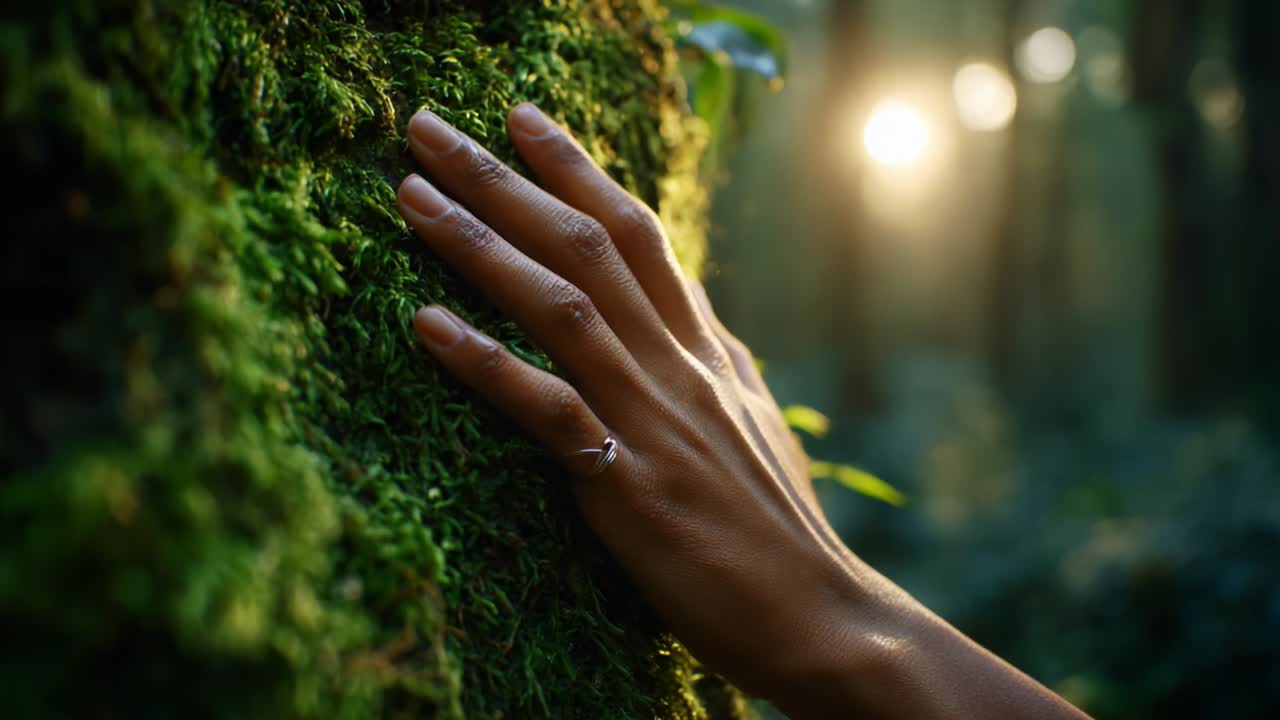 A Hand Grazes a Mossy Tree in a Serene Forest, with Soft Sunlight Filtering Through the Trees and Illuminating the Lush Greenery, Creating a Tranquil and Inviting Natural Scene