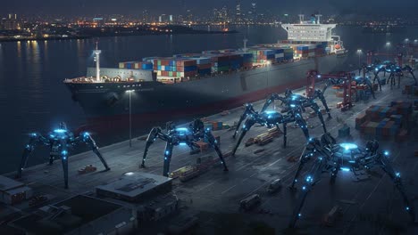 futuristic harbor scene featuring giant mechanical spiders surrounding a container ship under night sky with city lights in the background
