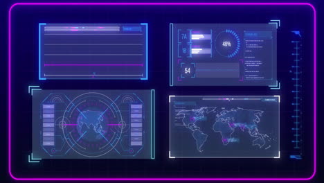 animation of data processing with globe and world map on blue background