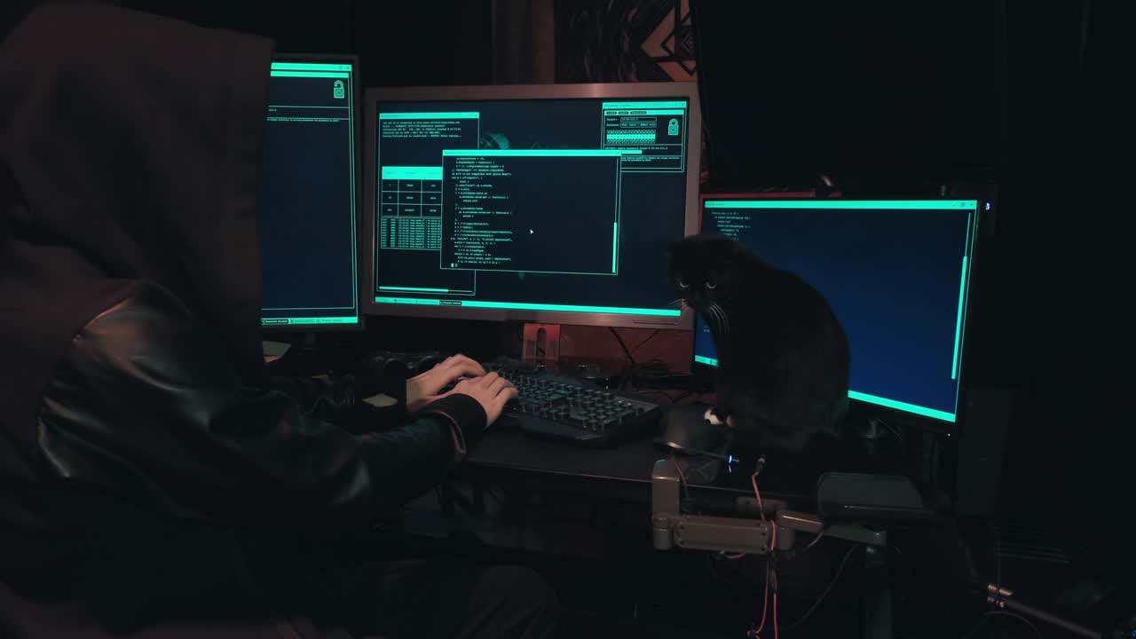 Hacker in a hood sits in front of computer screens and hacks databases