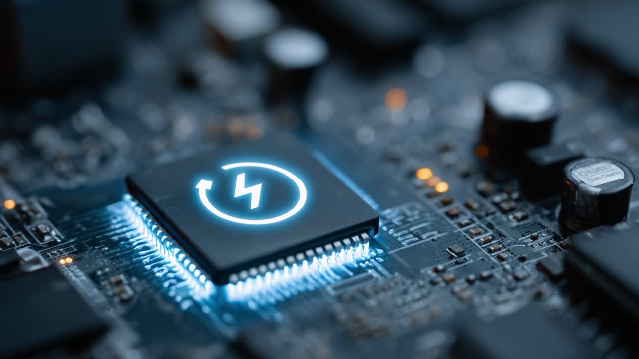 A Close-Up Look at a Modern Microprocessor on a Circuit Board, Showcasing Advanced Technology with Illuminated Symbols for Power and Processing Efficiency