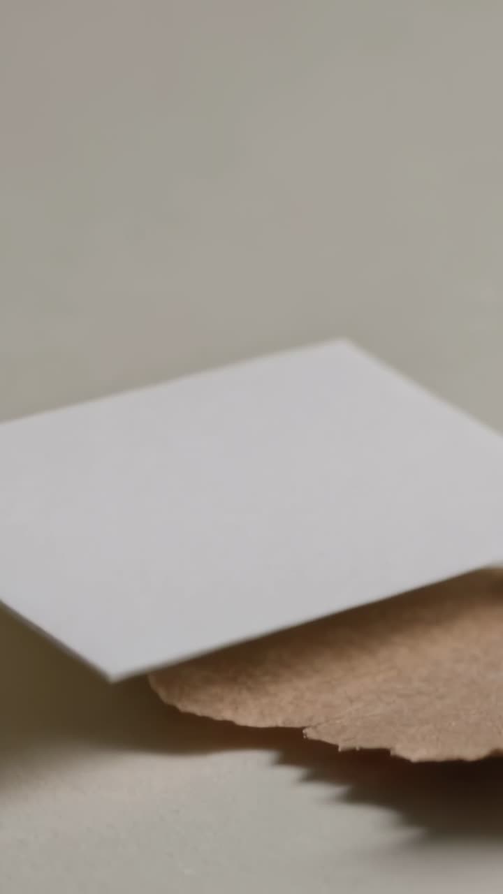Vertical video: Sliding white card settling on desk from top, overlapping torn kraft scrap