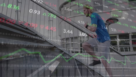 animation of financial data processing over caucasian man running in city