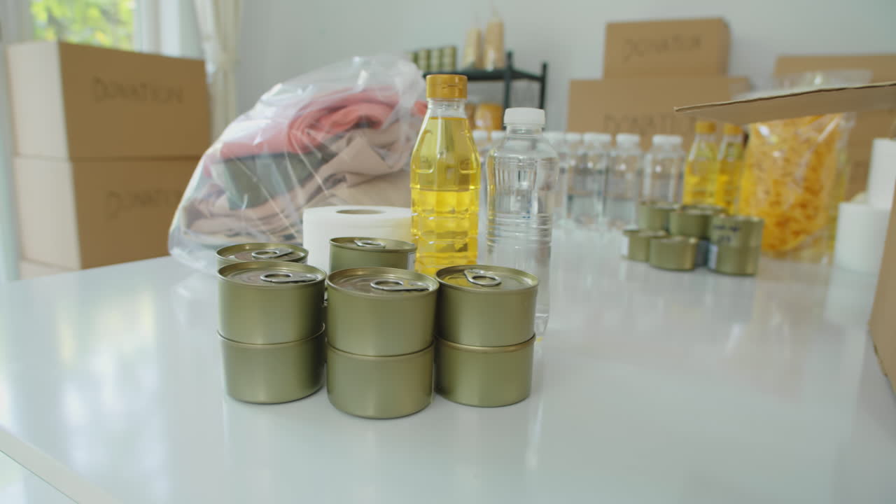 Canned Food, Vegetable Oil and Water in Donation Center