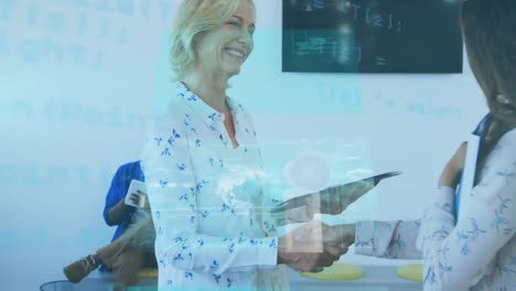 animation of data processing over business people handshake