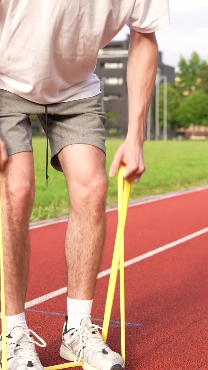 Man exercising with resistance band on track
