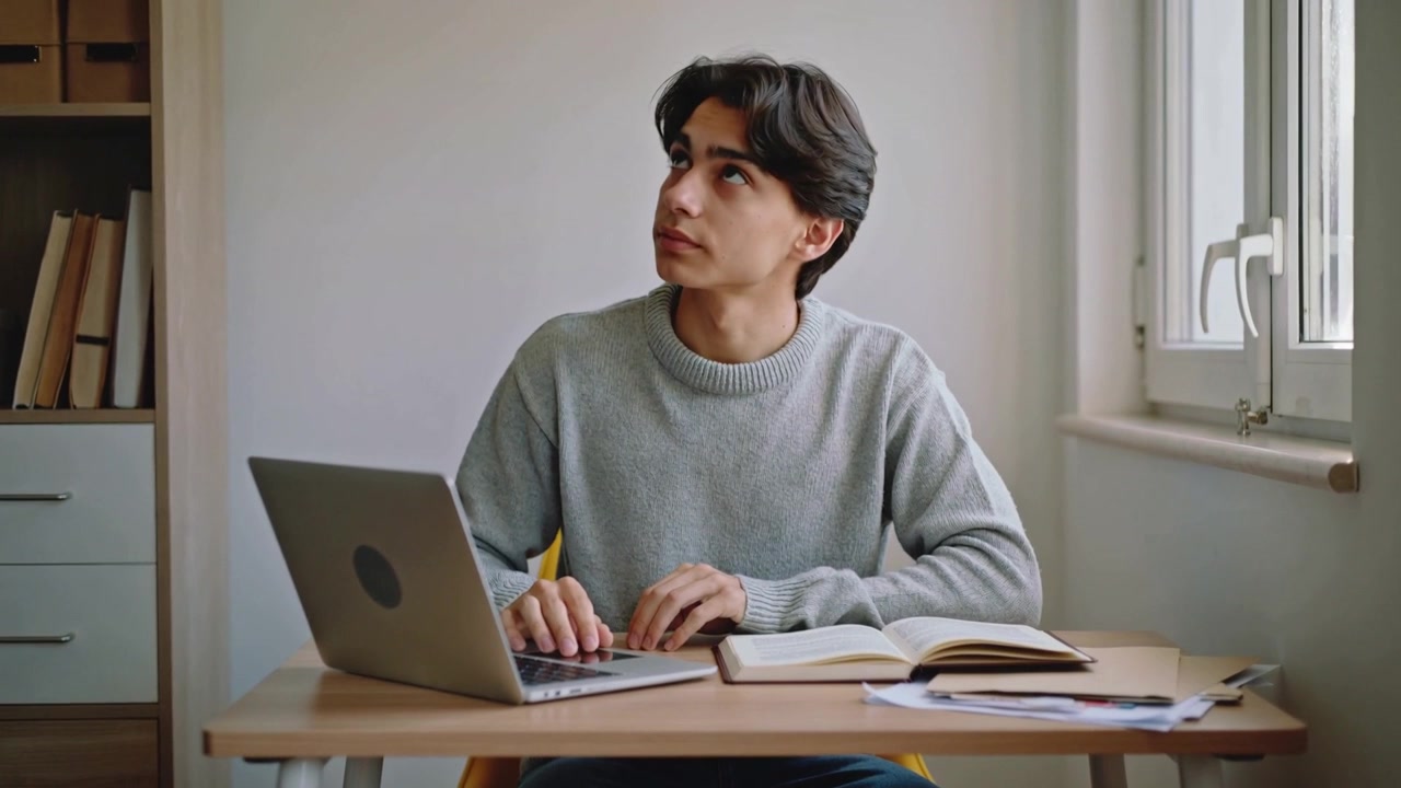 Typing male student starting assignment at home study, wearing gray sweater, using laptop and book