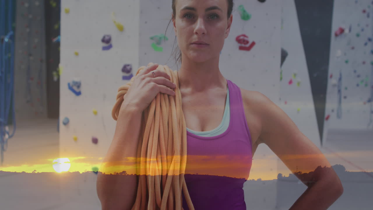 animación de la puesta de sol sobre la mujer caucásica escalando la pared