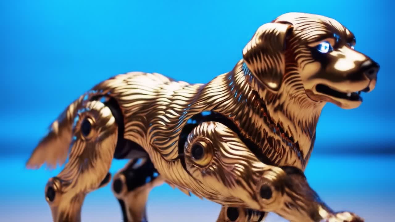 Innovative Robotic Companion: A Sleek, Metallic Dog with Lifelike Features and Glowing Eyes, Showcasing Advanced Technology in Design and Functionality