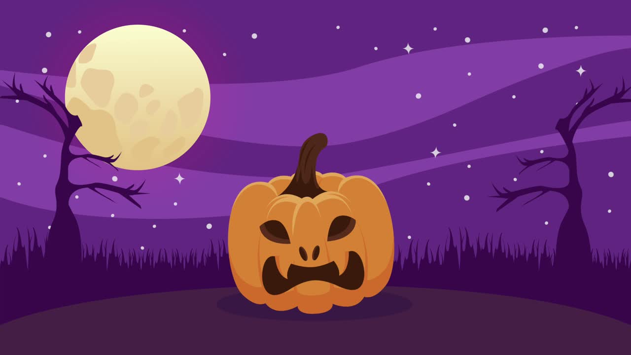 feliz animación de halloween con calabaza y luna en escena oscura