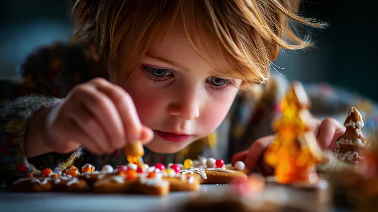 A young child focused on decorating gingerbread cookies with colorful icing and candies, showcasing creativity and concentration while surrounded by festive decorations, embodying the spirit of joyful holiday baking