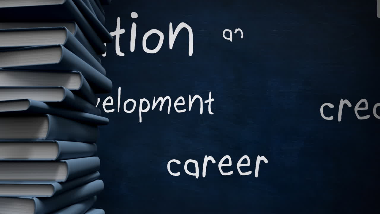 Text appears next to a stack of books