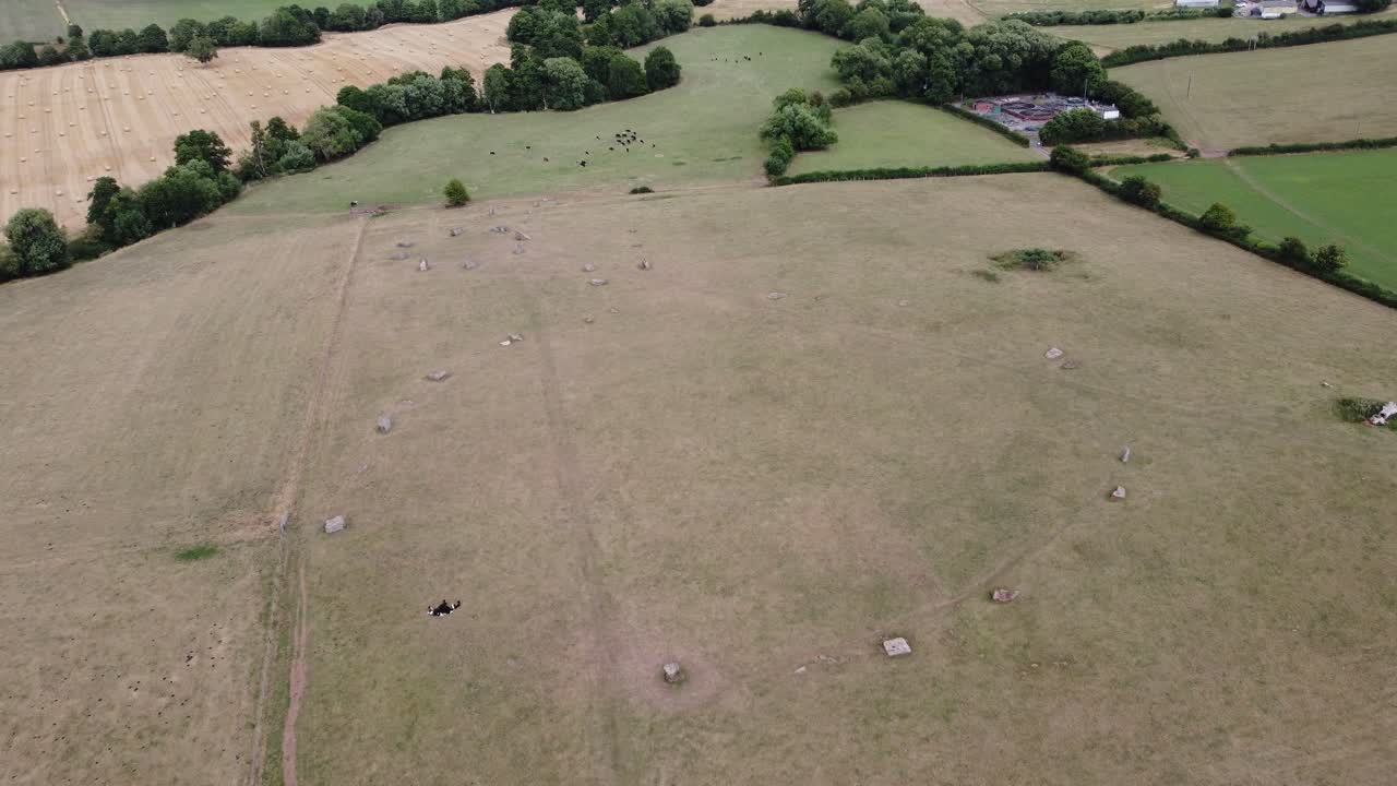 Aerial overhead view of neolithic Stanton Drew stone circle complex in Somerset, England