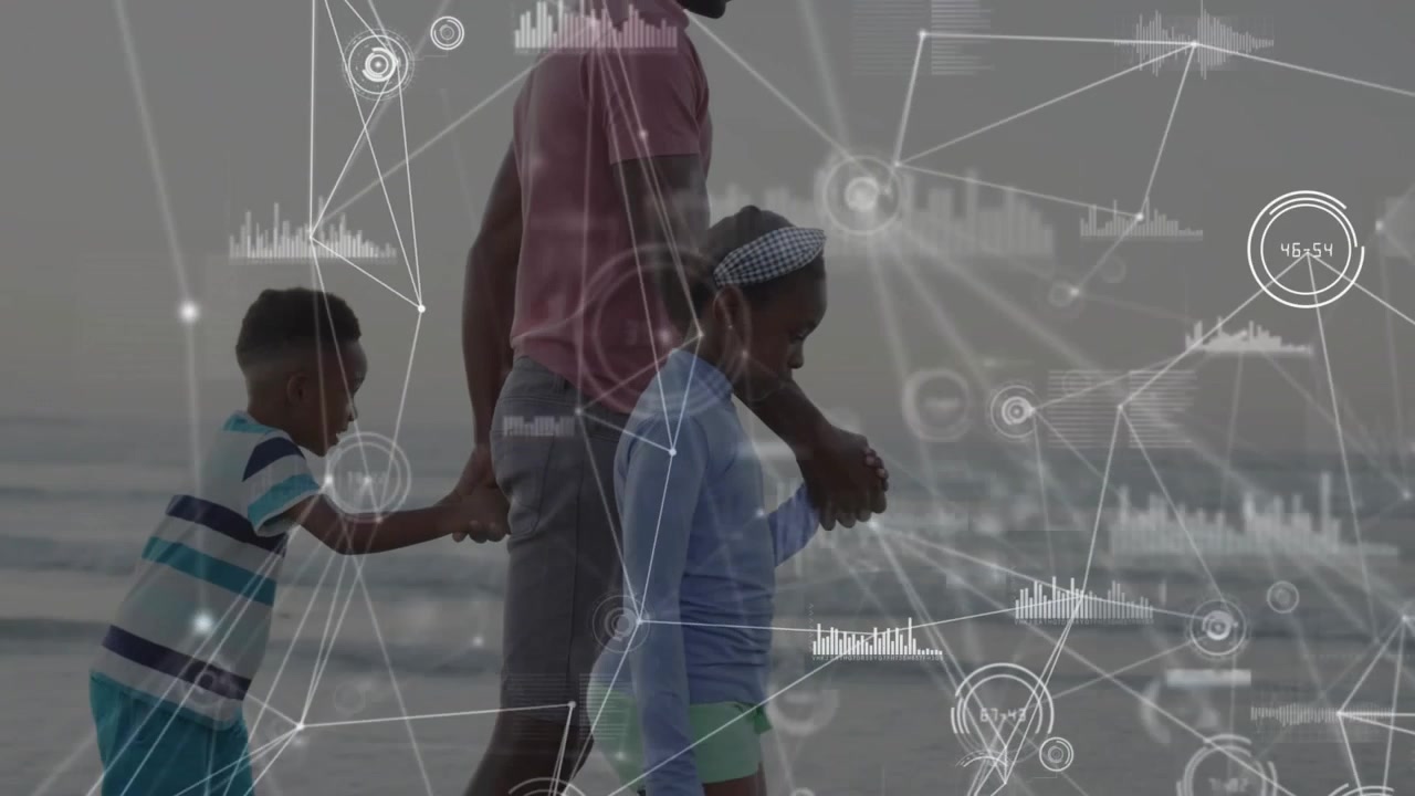 Father holding hands walking with kids on shoreline watching tech HUD nodes growing across trio