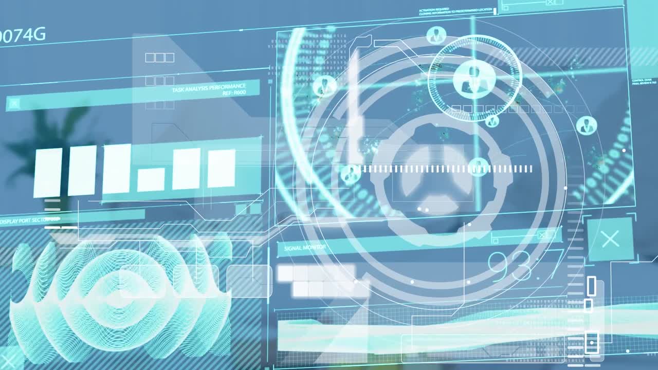 빈 사무실에서 스 ⁇  스캐닝과 데이터 처리의 애니메이션