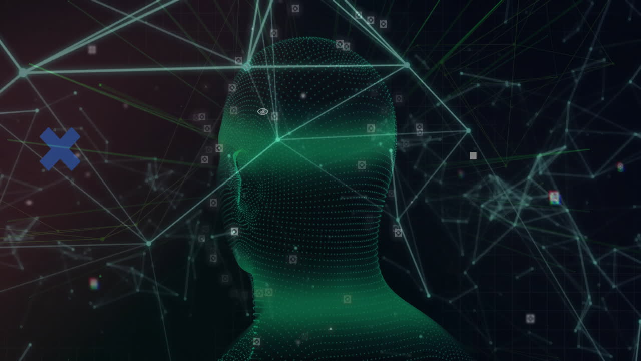 Animated green mesh silhouette glowing in dark network grid, linking data nodes and blue X markers