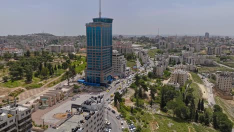 Blue-Exterior-Facade-Of-Palestine-Tower-Cinema-In-Ramallah,-Palestine