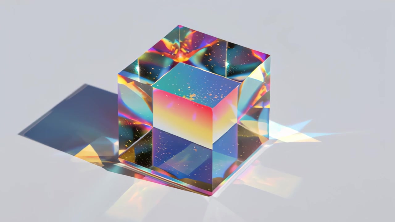 Abstrakt krystalkubeprism med iriserende regnbuebrydning og kaustiske lysskygger på ren hvid baggrund, moderne minimalistisk 3D-stil til design og tekniske visuals.