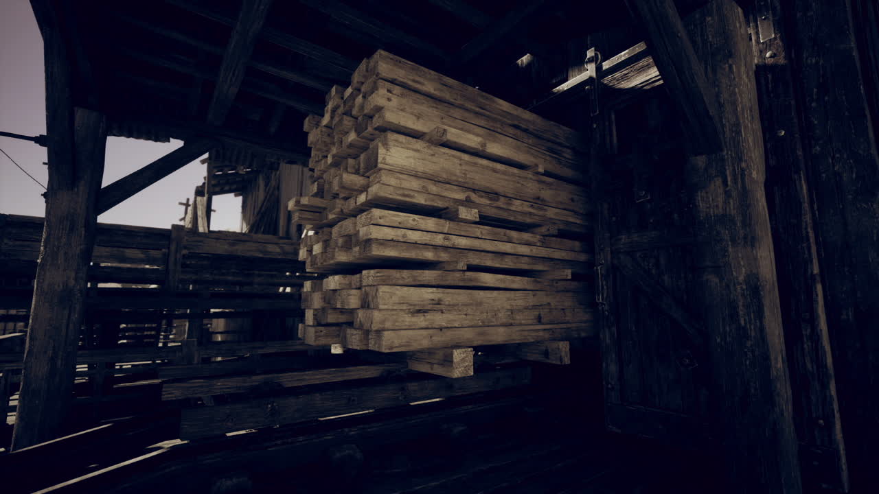 Locale in stile industriale con legno grezzo e illuminazione soffusa e filtrata.