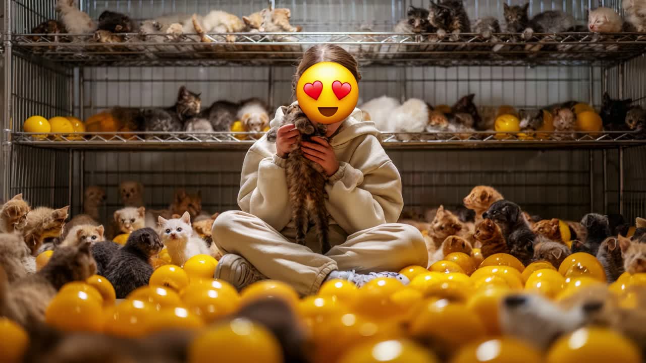 A Heartwarming Scene of a Person Surrounded by Adorable Kittens and Playful Puppies in a Vibrant Room Filled with Cheerful Yellow Balls, Capturing a Joyful Moment of Love and Connection