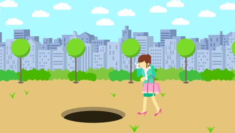 business woman jump over the hole. background of town. risk concept. loop illustration in flat style.