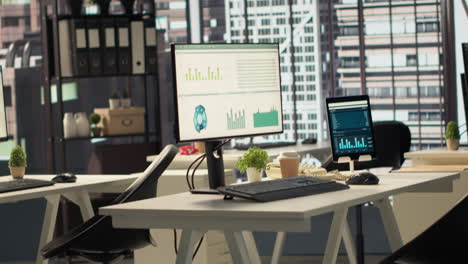 modern office workspace with computer and data displays