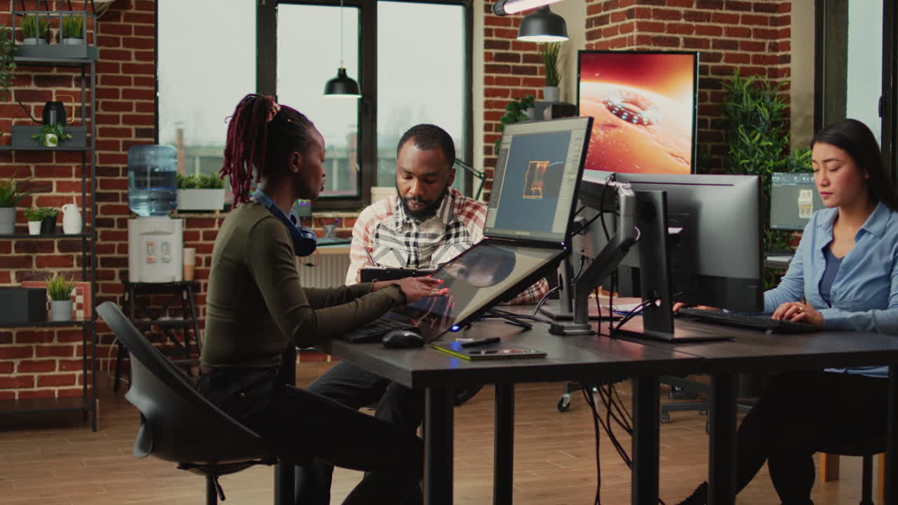 Software company workers team brainstorming game design ideas